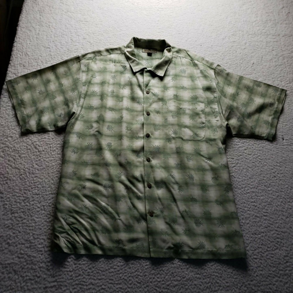 Tommy Bahama Shirt Mens XL Green Plaid Silk Short Sleeve Camp Pocket Button-Up